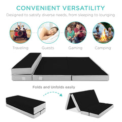 4in Portable Mattress Topper, Tri-Fold Mattress Pad - Onyx Black