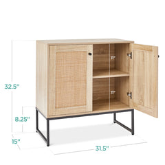 2-Door Rattan Storage Cabinet Accent Furniture for Living Room w/ Foot Pads