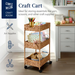 3-Tier Water Hyacinth Rolling Utility Cart w/ Weaved Baskets Natural