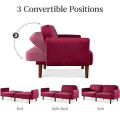 Curved Convertible Futon, Velvet Fabric Split-Back Sleeper Bed