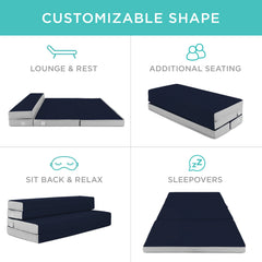 4in Portable Mattress Topper, Tri-Fold Mattress Pad - Midnight Blue