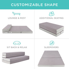 4in Portable Mattress Topper, Tri-Fold Mattress Pad - Gray