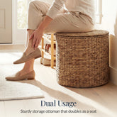 Large Round Storage Ottoman W/ Lid, Handwoven Water Hyacinth Footstool