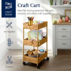 3-Tier Water Hyacinth Rolling Utility Cart w/ Weaved Baskets Natural