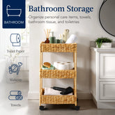 3-Tier Water Hyacinth Rolling Utility Cart w/ Weaved Baskets Natural