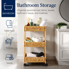 3-Tier Water Hyacinth Rolling Utility Cart w/ Weaved Baskets Natural