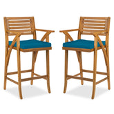 Set of 2 Outdoor Acacia Wood Bar Stools Chairs w/ Weather-Resistant Cushions