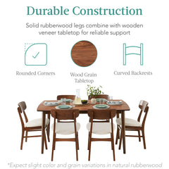 7-Piece Mid-Century Modern Dining Set, Wood Upholstered w/ 6 Chairs