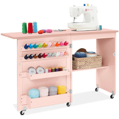 Folding Sewing Table Multipurpose Craft Station & Side Table w/ Wheels