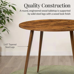 Round Mid-Century Modern 35.5in Dining Table, Dinette for Home or Kitchen w/Wood Finish Steel Legs