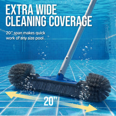 20" Pool Brush with 9 ft Aluminum Pole Pool Wall & Floor Cleaning Set