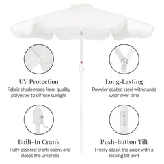 9ft Boho Fringe Umbrella Tilt, UPF50+, Steel Pole