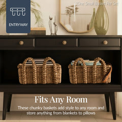 3Pc Shelf Baskets, Small, Large & XL Chunky Woven Baskets w/ Braided Handles