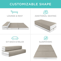 4in Portable Mattress Topper, Tri-Fold Mattress Pad - Taupe