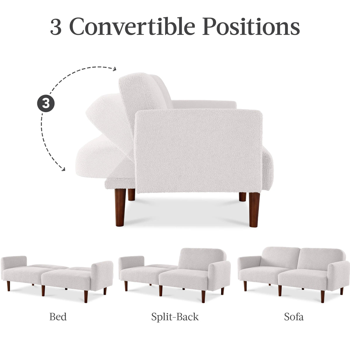 Curved Convertible Futon, Boucle Fabric Split-Back Sleeper Bed