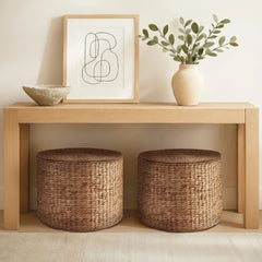 Large Round Storage Ottoman W/ Lid, Handwoven Water Hyacinth Footstool