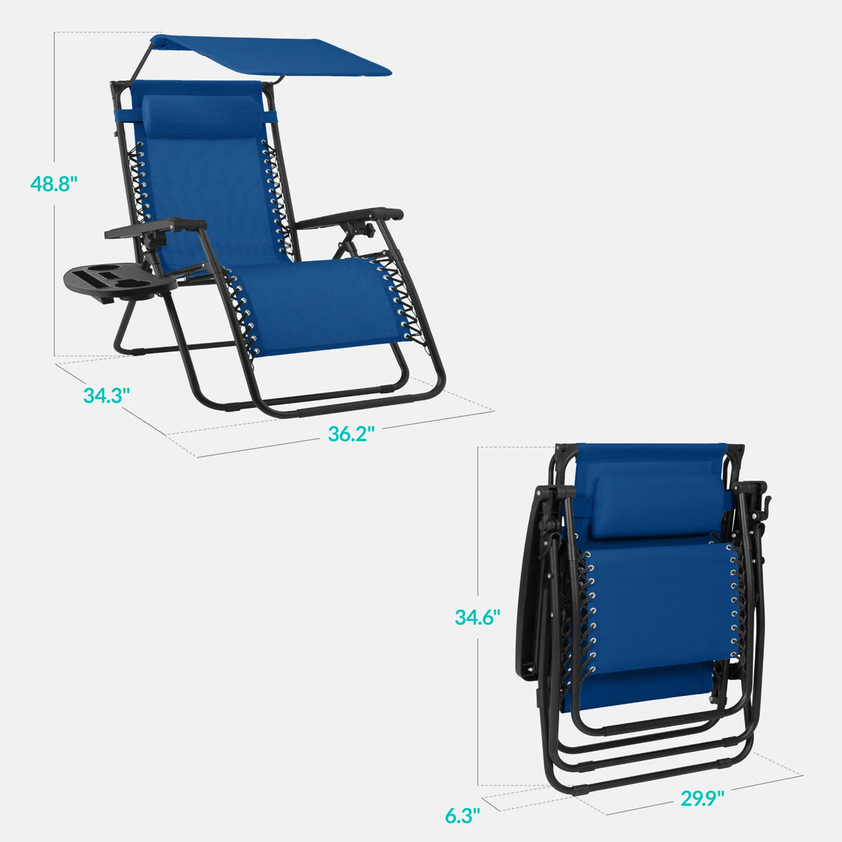30" Wide Folding Zero Gravity Patio Lounge Chair w/Adjustable Canopy Shade