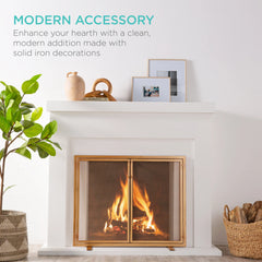 2-Door Wrought Iron Fireplace Screen w/ Magnetic Doors - 38.5x41in