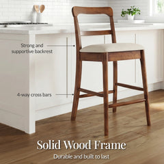 26" Counter-Height Farmhouse Wood Stools  w/ Cushion & Backrest, Set of 2