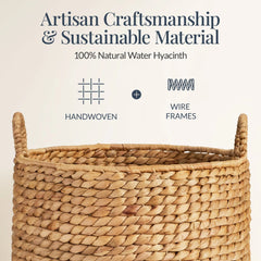 Round Storage Basket w/ Handles, Handwoven Water Hyacinth Tote