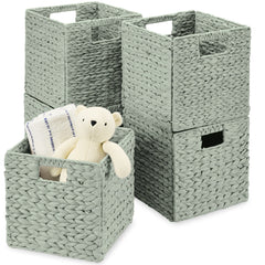 Set of 5 Collapsible Hyacinth Storage Baskets w/ Inserts - 10.5x10.5in