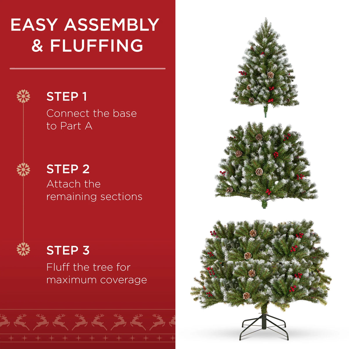 Pre-Lit Frosted Spruce Christmas Tree, w/ Pinecones, Berries, Metal Base