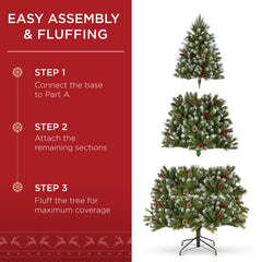 Pre-Lit Frosted Spruce Christmas Tree, w/ Pinecones, Berries, Metal Base