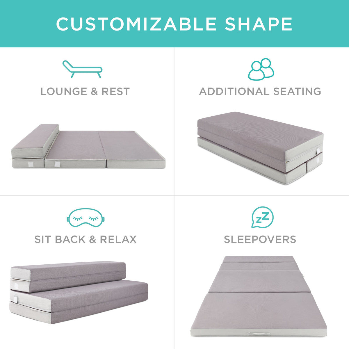 4in Portable Mattress Topper, Tri-Fold Mattress Pad - Gray