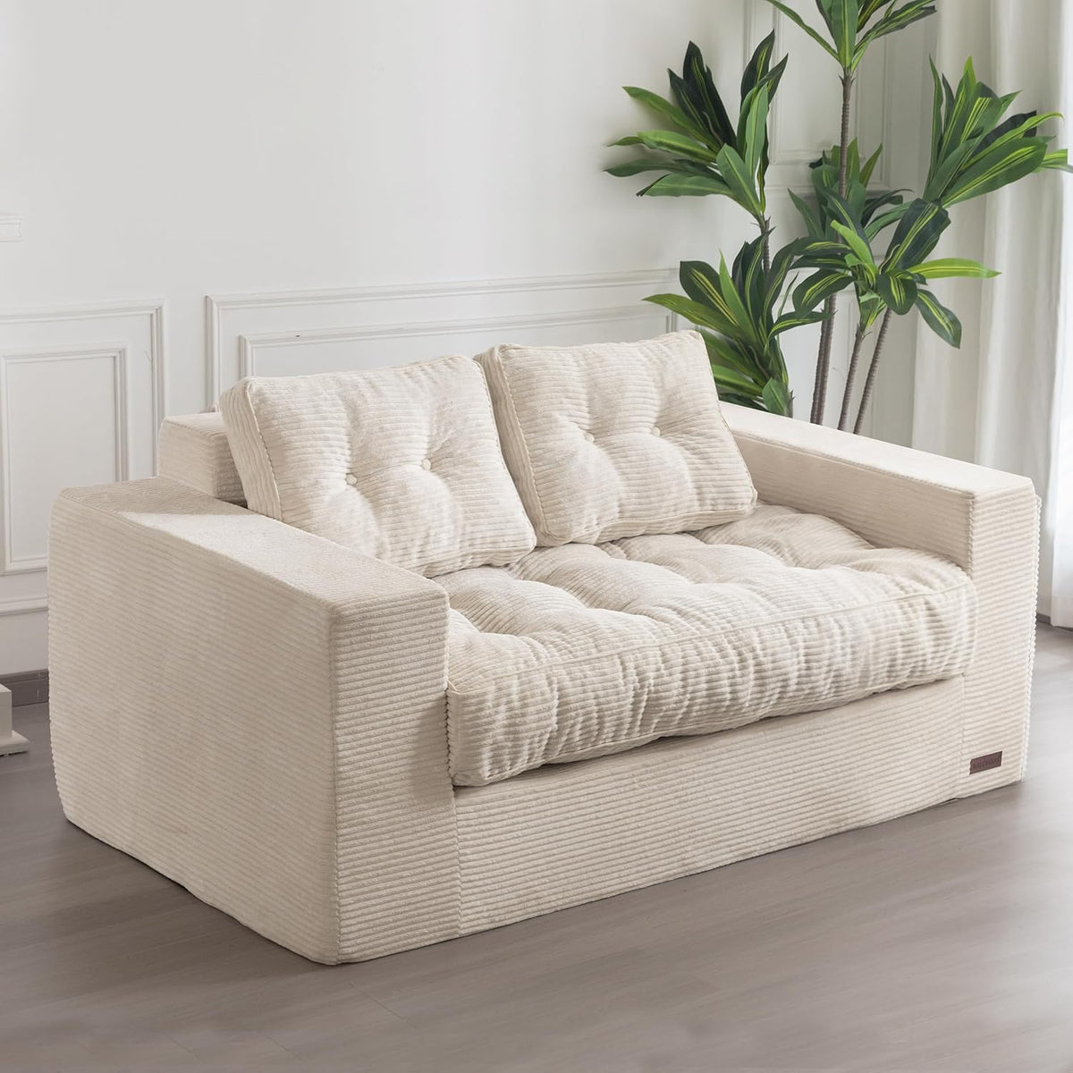 MAXYOYO Bean Bag Chair for Adults, Upholstered Floor Sofa with Armrests, Loveseat Boneless Couch with Tufted Cushion & Backrest, Sofa in A Box, Large Bean Bag Couch for Bedroom Living Room, Beige(Beige,Loveseat)