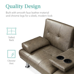 Faux Leather Upholstered Convertible Sofa Bed Futon w/ 2 Cupholders