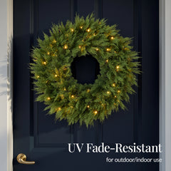 Pre-Lit Cedar Cypress Christmas Realistic Wreath w/ Twinkling LEDs