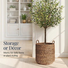Round Storage Basket w/ Handles, Handwoven Water Hyacinth Tote