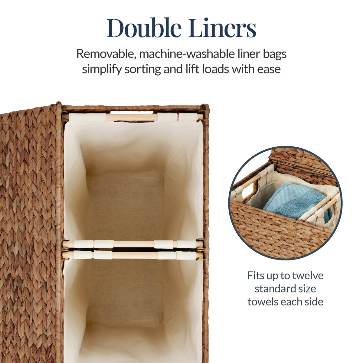 Large Water Hyacinth Double Laundry Hamper Basket w/ 2 Liner Bags