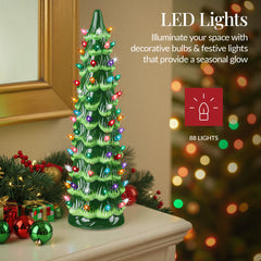 18in Ceramic Christmas Tree, Hand-Painted Holiday Decor w/ LED Lights