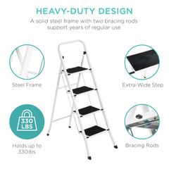Folding Steel 4-Step Ladder w/ Hand Rail, Wide Steps, 330lbs Capacity