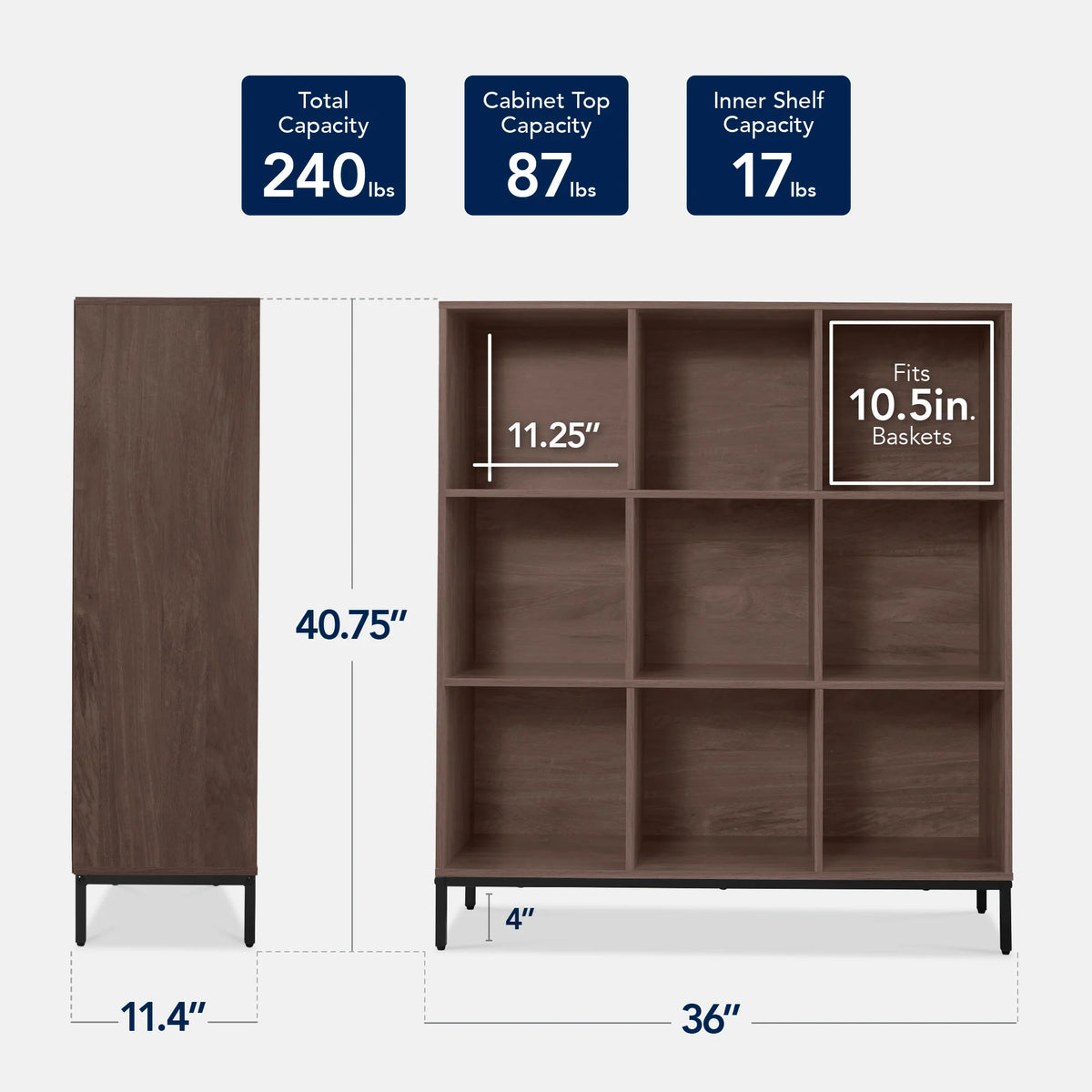 Elevated 9-Cube Storage Organizer, 11in Bookshelf, w/ Metal Legs